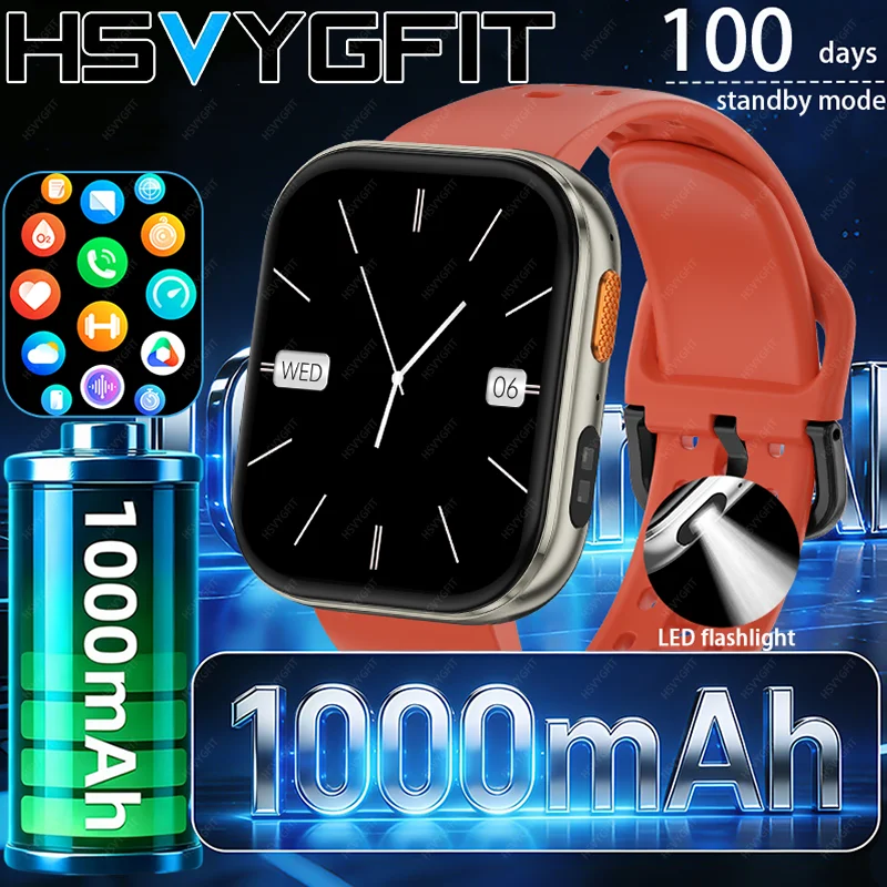 Фото Умные часы HSVYGFIT с HD-экраном 2,04 дюйма, аккумулятором 1000 мАч, фонариком, более 100 спортивными режимами, функцией Bluetooth-звонков, водонепроницаемые, для мужчин и женщин №1