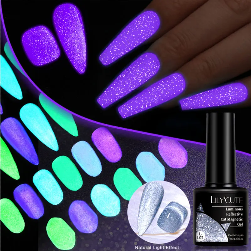 LILYCUTE Luminous Reflective Cat Magnetic Gel Nail Polish Glow-in-dark Purple Fluorescent Color Soak Off UV Nail Art Varnish