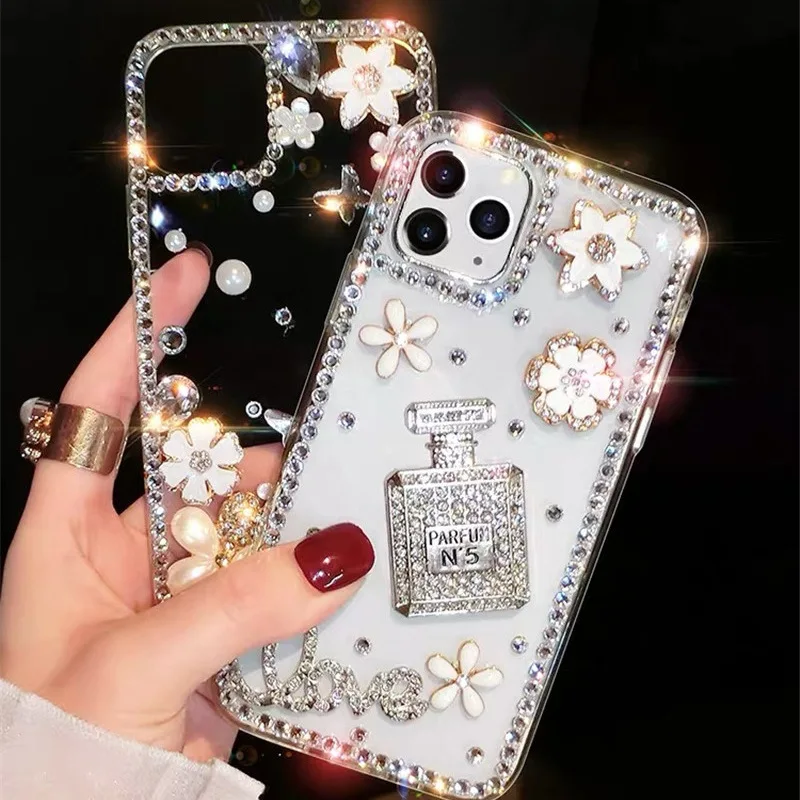 

Bling Diamond Flower Love Clear Case For iPhone 11 12 Mini 13 14 Pro Max X XS XR 7 8 Plus Glitter Rhinestone Soft TPU Cover