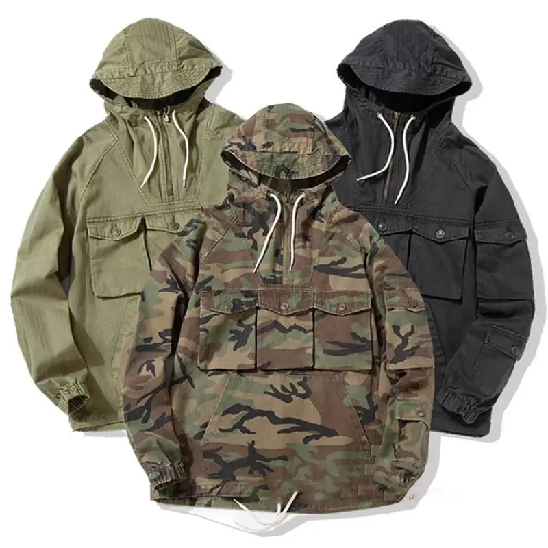 2022 Military Style Camouflage Pullover Hoodies Hip Hop Cool Streetwear Multi-Pockets Safari Military Hoodie Jacket Trench Coat
