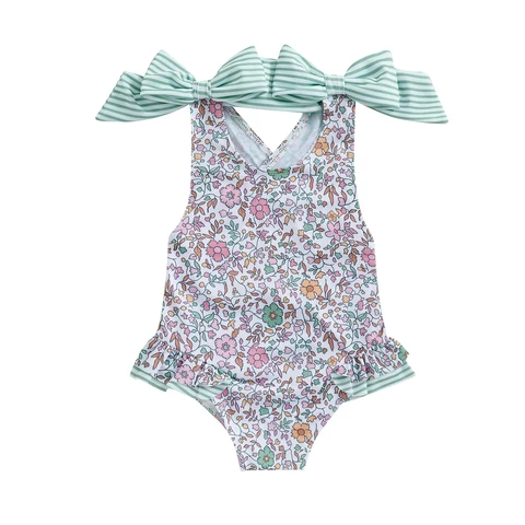 Купальник для маленьких девочек с милым бантом, без рукавов, с открытой спиной, цветочный купальный костюм принцессы, одежда для купания, пляжная одежда для малышей