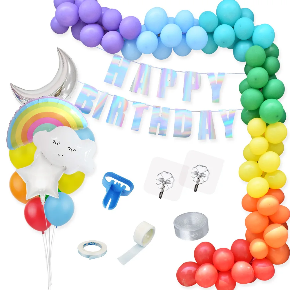 

JOLLYBOOM Macaron Balloon Garland Arch Kit Happy Birthday Bannner Rainbow Cloud Moon Foil Balloon for Birthday Party Supplies