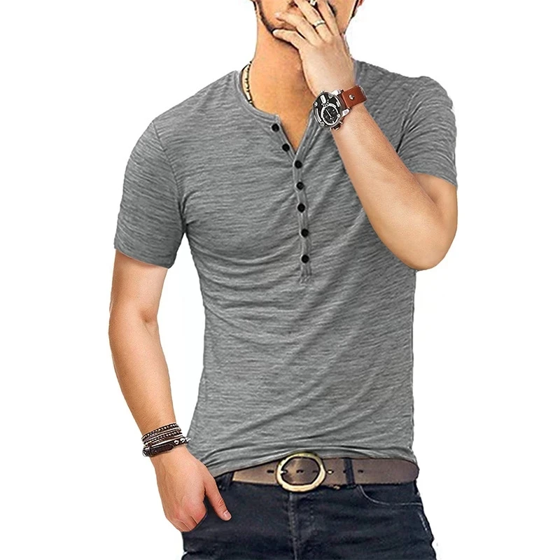 

A2357 Men Henley T Shirt Short Sleeve Stylish Slim Fit T-shirt Button Up V Neck Casual Men Tshirts US Size