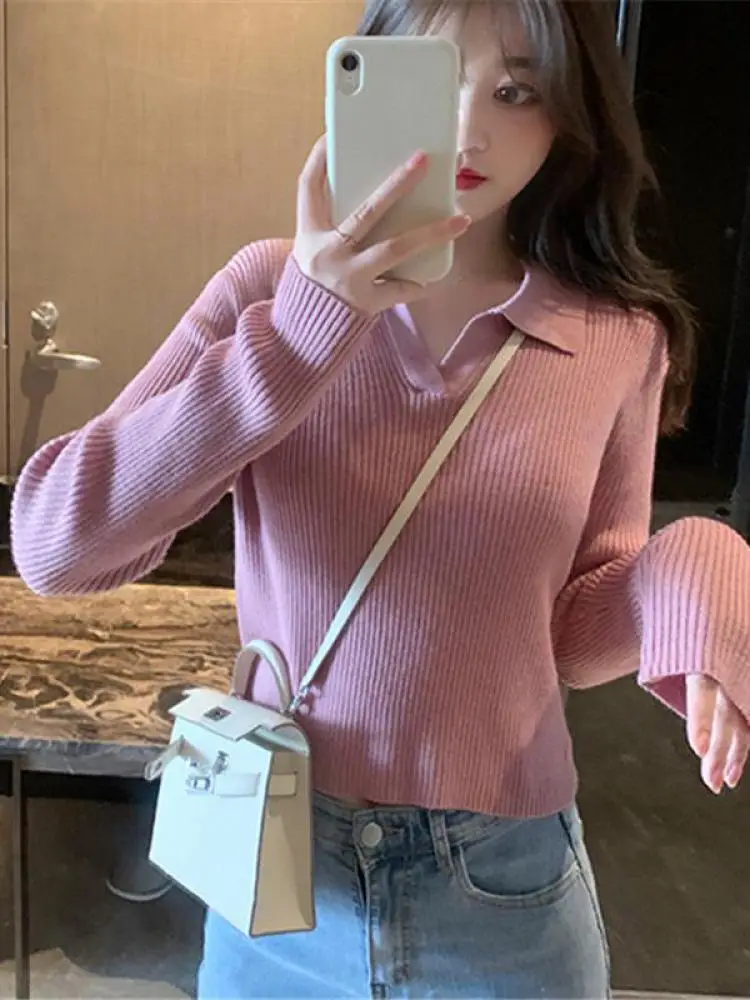 Женский осенне-зимний пуловер с лацканами