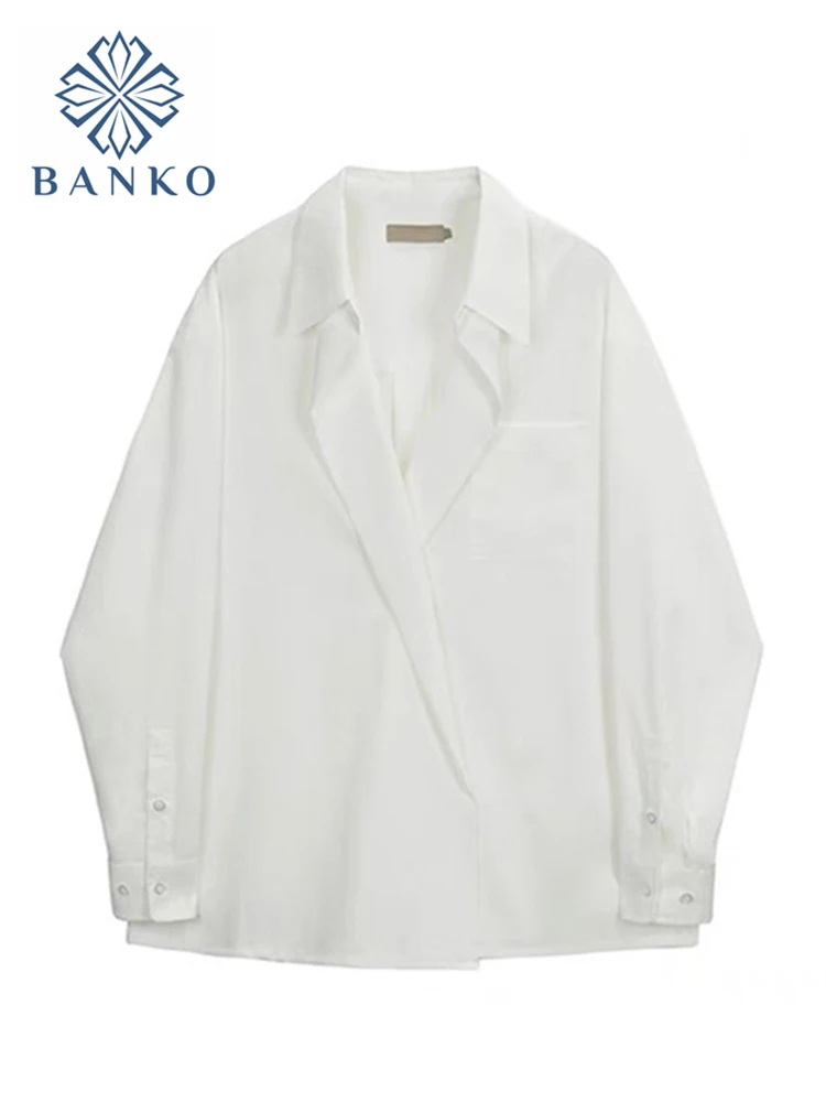 Blazer White Shirt Woman Design Feeling Irregular Tops Spring Autumn Korean New V-neck Button Baggy Long Sleeve Shirt Coat Lady