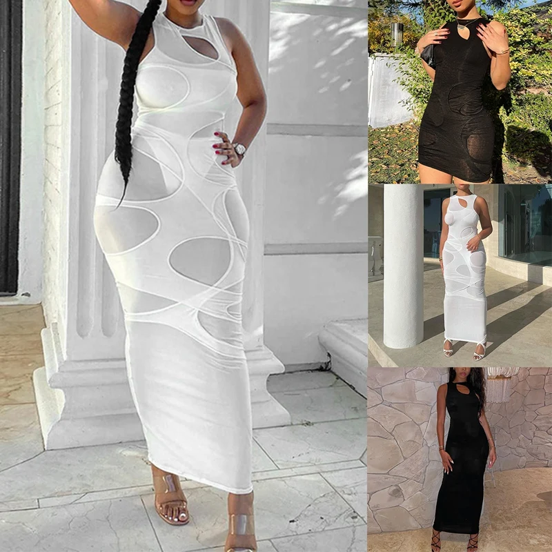 

Midnight Partywear Women Sexy See-Through Contrast Patchwork Mini Dress Bodycon Sleeveless Streetwear