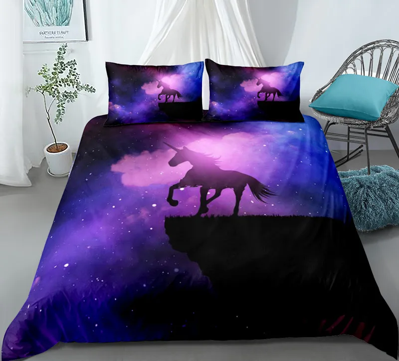 

Unicorn King Queen Duvet Cover Cartoon Animal Rainbow Universe Bedding Set for Kids Teen Cosmic Starry Sky Polyester Quilt Cover