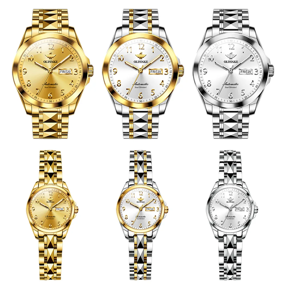 OUPINKE Luxury Digital Gold Couple Watch luminous Fashion Business Automatic Mechanical Necklace Bracelet Couple Watch Set