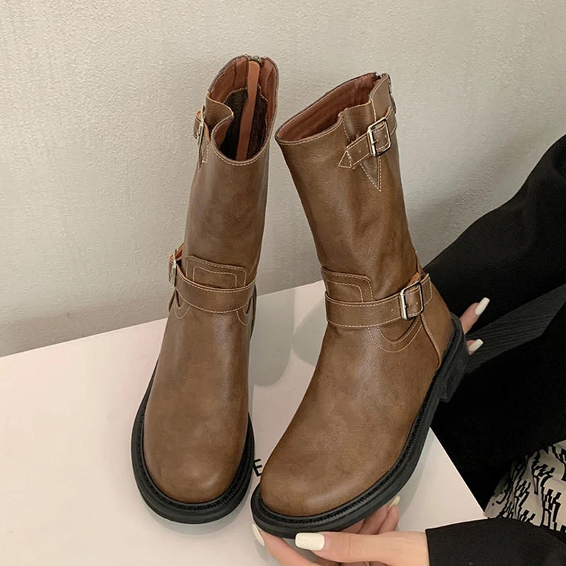 Женские зимние ботинки женские низкие ковбойские ботильоны 2024 осенние ретро