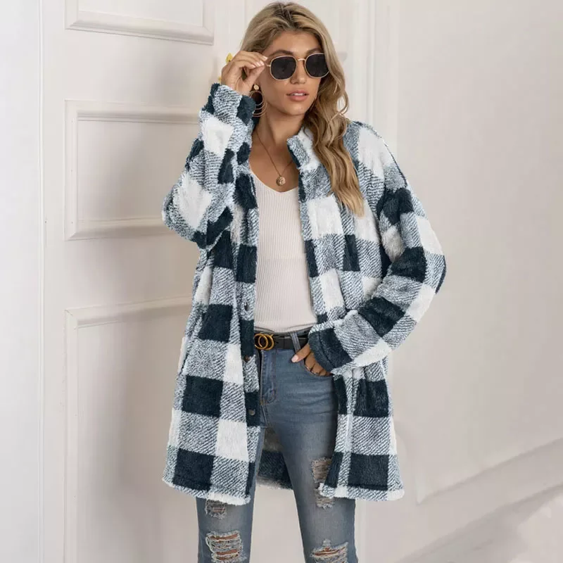 New2022 Long Faux Fur Coat Women Plaid Jacket Winter Coat Women Long Sleeve Fluffy Teddy Jacket Ladies Warm Plush Jacket Female