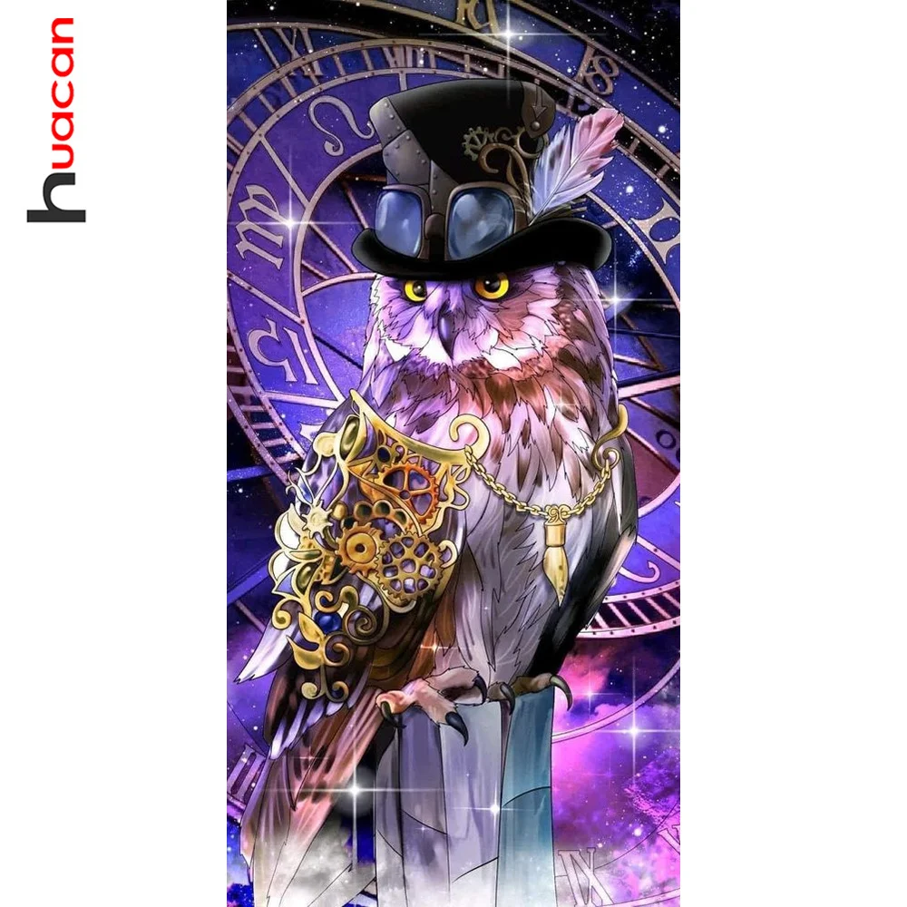 

Huacan Diamond Painting Owl Clock Full Square Round Embroidery Mosaic Animal Fantasy Cross Stitch Home Decor