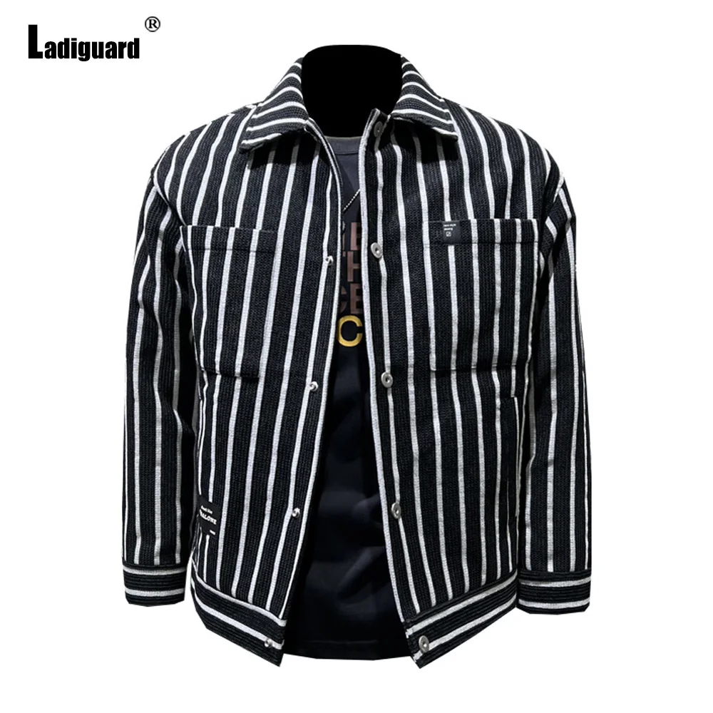 Ladiguard Men Cotton Coats Winter Fleece Jackets Kpop Young Fashion Stripes Denim Jacket 2023 Casual Simple Chic Tops Outerwear