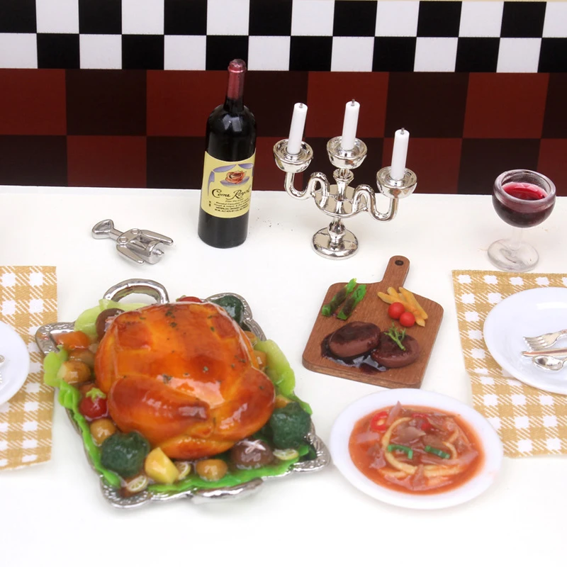 

1 Набор в масштабе 1:6/1:12 миниатюрный кукольный домик на День Благодарения индейка модель красного вина декоративная игрушка кукольный домик аксессуары