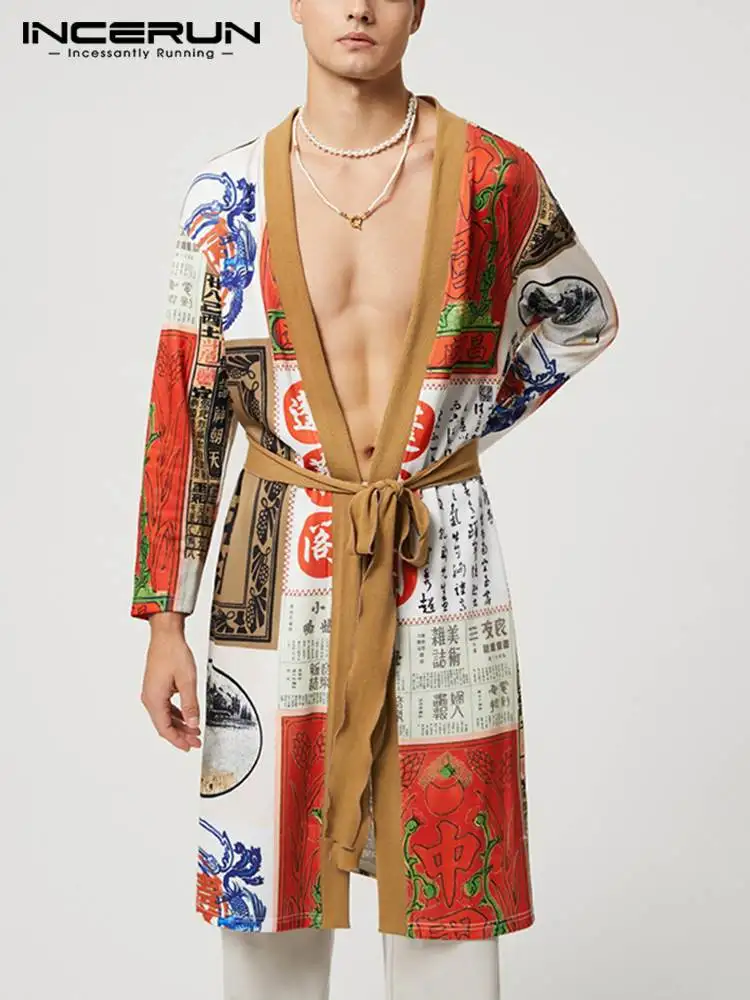 

Рубашка INCERUN мужская с принтом, уличная одежда с открытым стежком 2022, длинный стильный кардиган с длинным рукавом, кимоно с поясом, Ретро Пов...