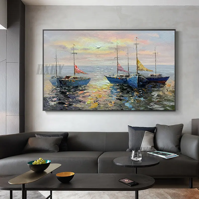 

Ручная роспись маслом на холсте парусные лодки восход солнца пейзаж картины для гостиной стены декоративные без рамки