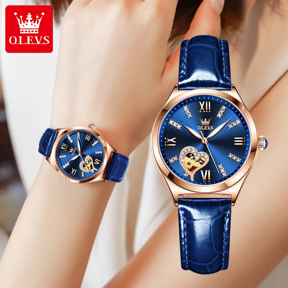 OLEVS Fashion Trend Luminous Automatic Mechanical Womens Watches Blue Leather Strap Luxury Diamond Rose Gold Case Watch Women enlarge