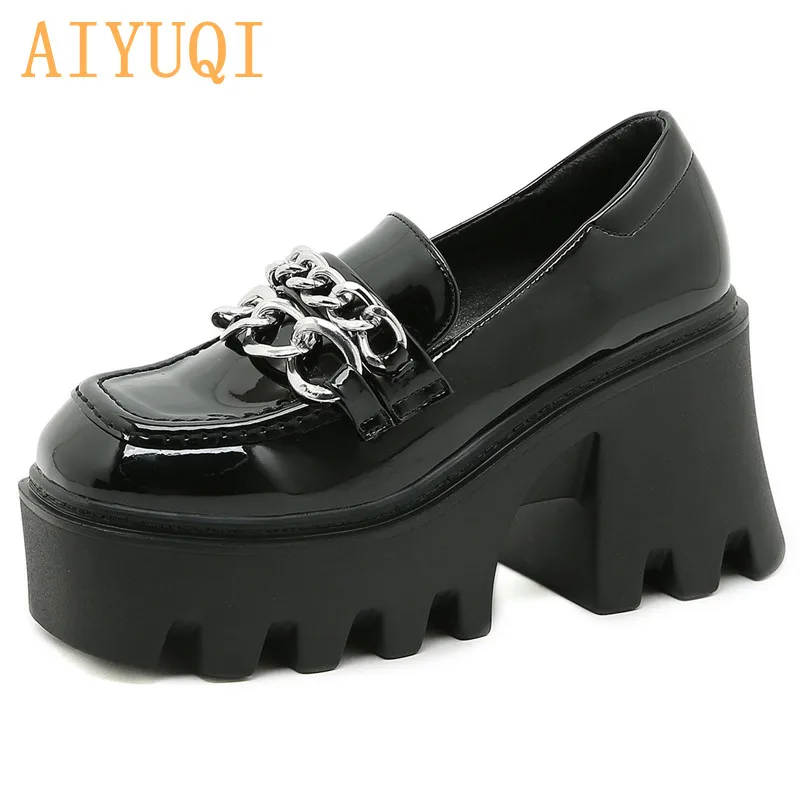 

Women Shoes High Heels Platform 2022 Autumn New Patent Leather Chain Women Loafers Round Toe Pumps Women