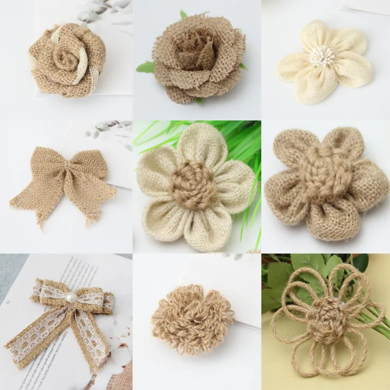 

Natural Jute Burlap Hessian rose sun flower bows patches Christmas Artificial applique Wedding Party Ribbon DIY Craft decor