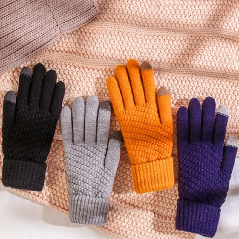 

Winter Touch Screen Gloves Femme Men Warm Stretch Knit Mittens Knitting Solid Color Full Finger Female Crochet Thicken Glove