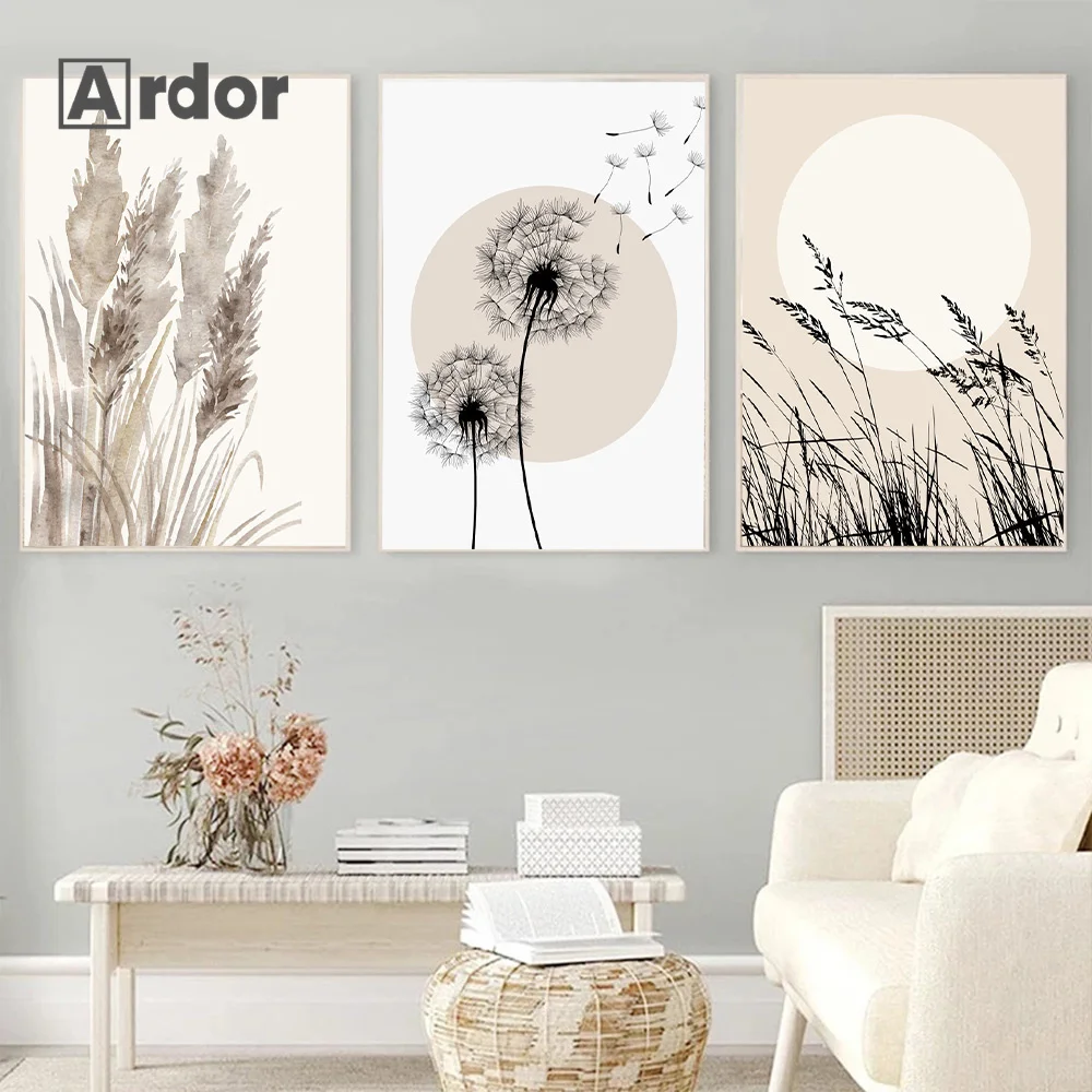 

Palm Leaf Floral Poster Reed Dandelion Beige Scenery Wall Art Canvas Painting Nordic Print Wall Pictures Living Room Home Decor