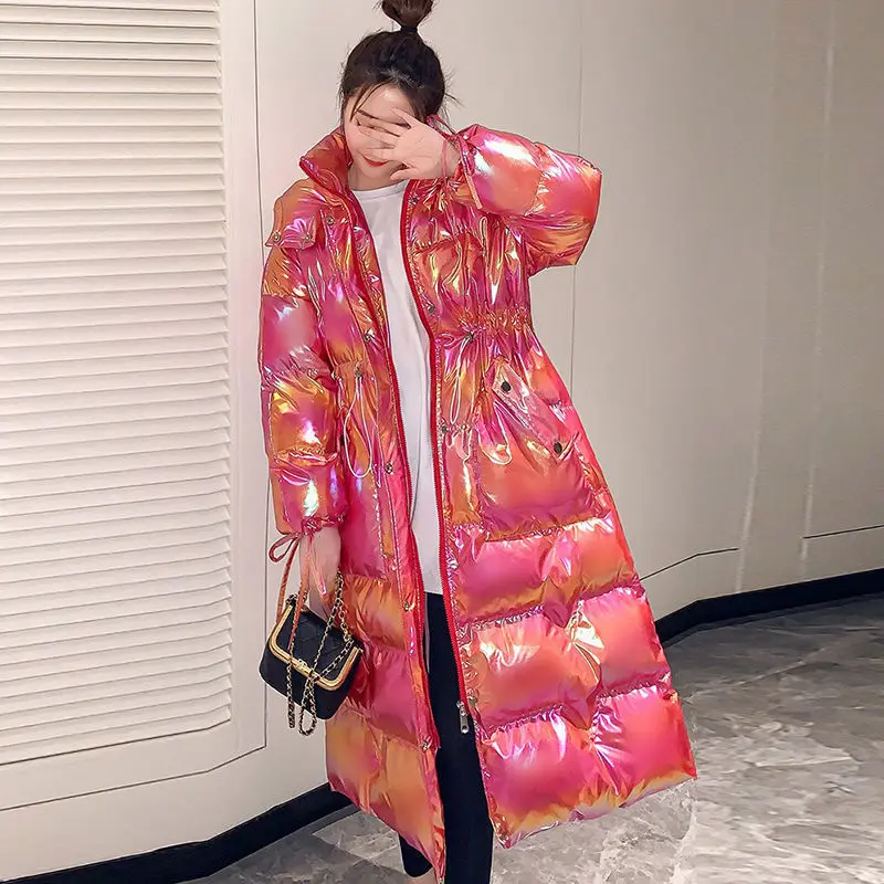 Shiny Down Cotton Jacket Cotton Clothing Female 2022 Winter New Net Red Long Over The Knee Dazzling Color Windproof Jacket