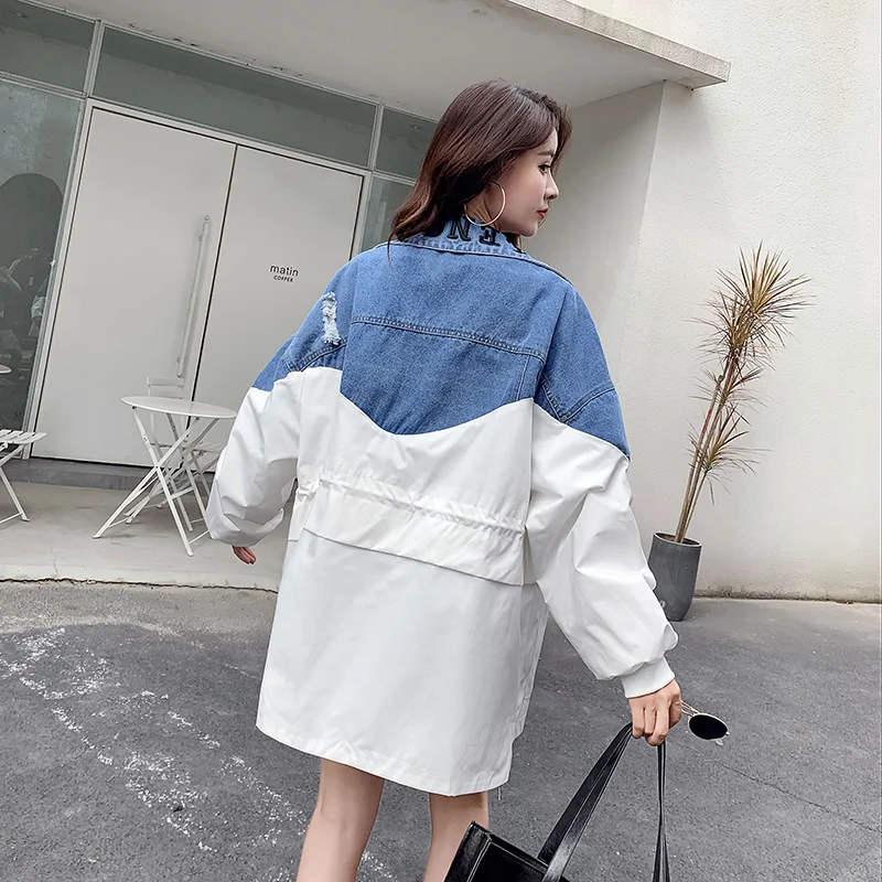 

autumn spring new stitching fake two-piece denim jacket standing collar letter loose windbreaker
