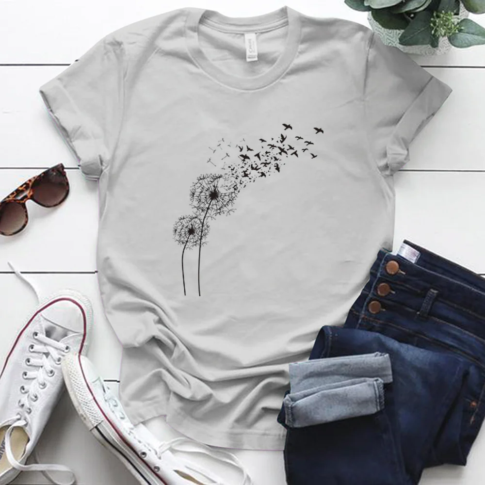 

T-shirt Manches Courtes Col Rond Femme, En Coton, Avec Impression Graphique De Pissenlit, Style De Rue, Harajuku