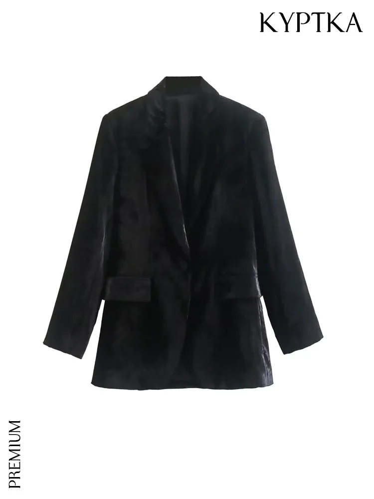 

KYPTKA Women Fashion Front Button Straight Velvet Blazer Coat Vintage Long Sleeve Flap Pockets Female Outerwear Chic Vestes