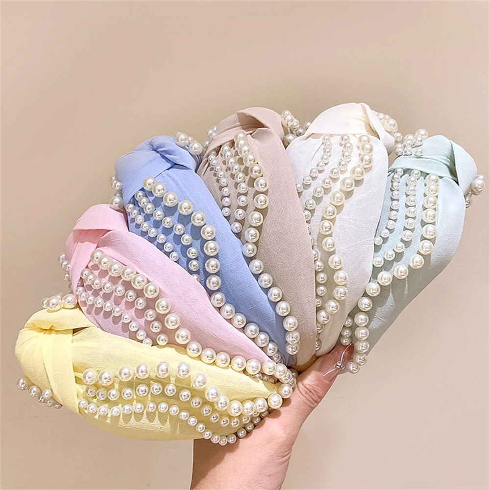 

Creative Girls Pearl Wide Hairband Fashion Solid Color Headband Hair Rope Jewelry Hair Accessoriess For Women Headwear Wholesale