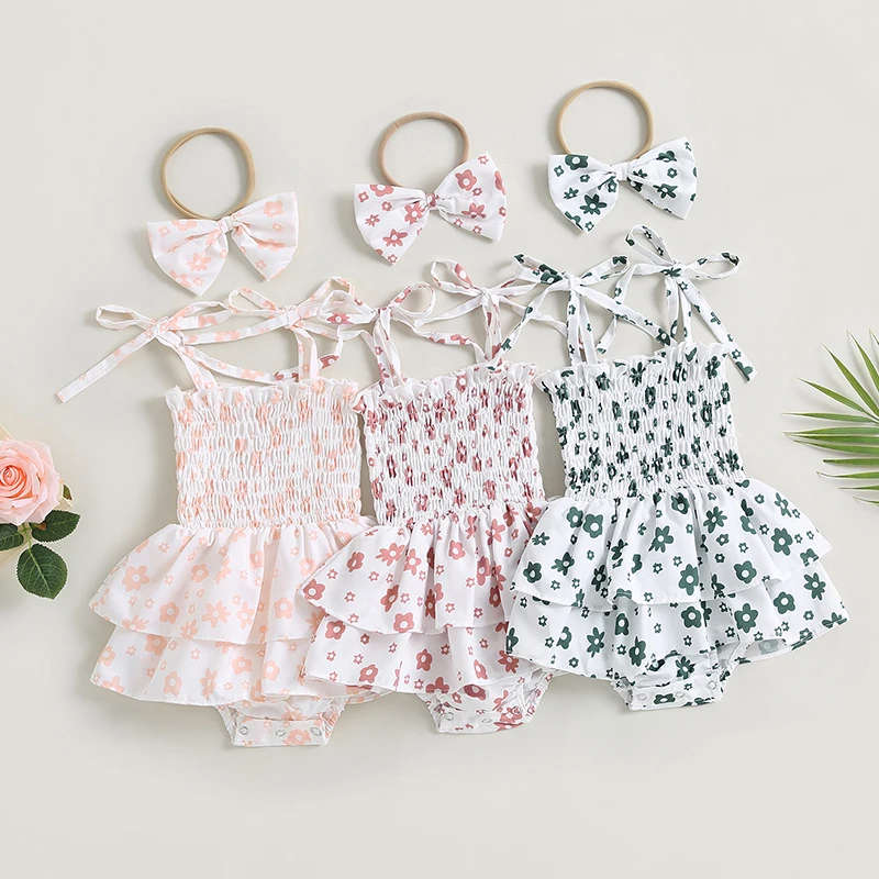 

Infant Baby Girls Romper Dress Floral Print Tie Knot Straps Sleeveless Sling Jumpsuits Summer Bodysuits with Bow Headband