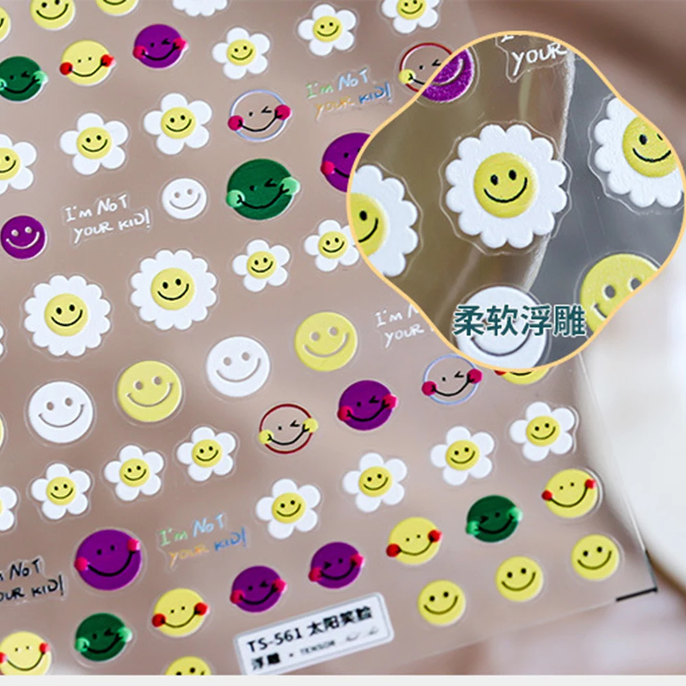 

Embossed Sun Flowers Nail Sticker Smiley Flower Rainbow Kawaii Cute Nail Art Decorations Korean Stickers Ongle Charm Decals