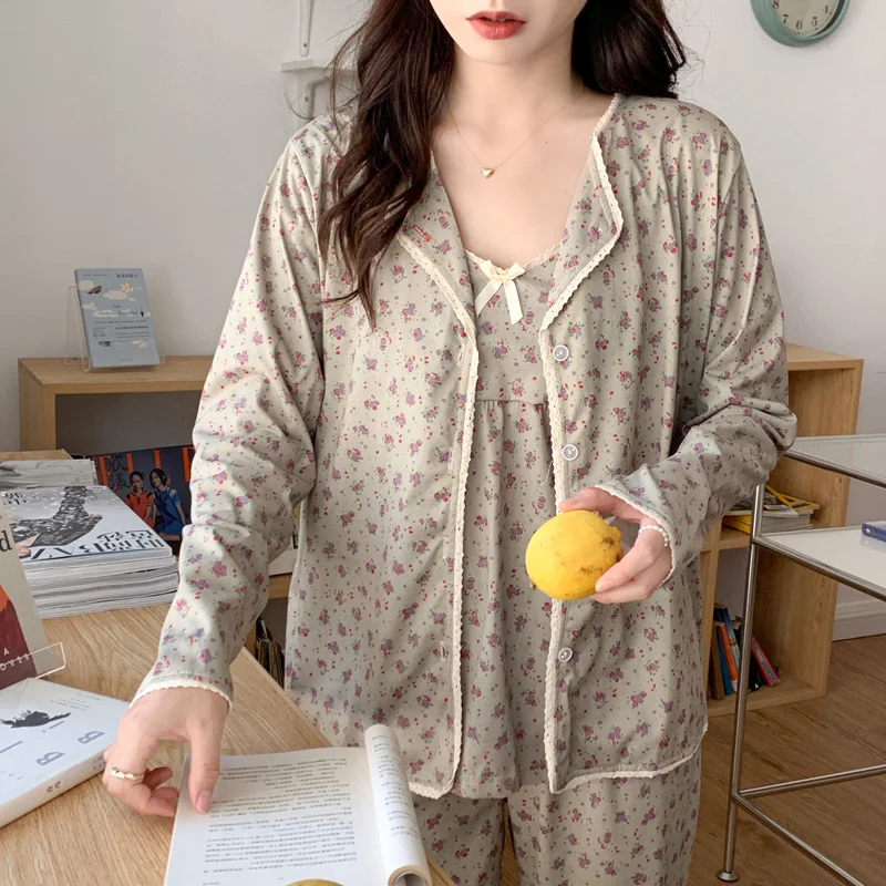 Women Pajamas Set Sling Cotton Pajamas 3 Peices Sleepwear for Women Long Sleeves Breathable Sexy Robe Homewear SexyTop Trousers