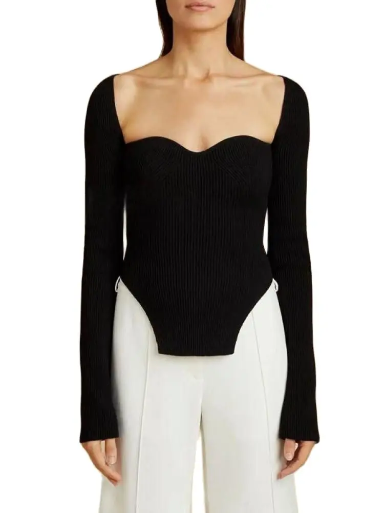 

2022 осенний сексуальный стильный ВЯЗАННЫЙ ПУЛОВЕР с длинными рукавами и воротником Sqaure, тонкая футболка, женский топ, модная женская одежда