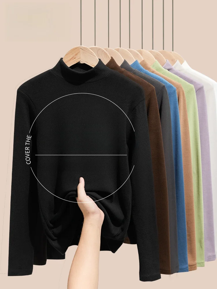 Black Bottoming Shirt Women Autumn and Winter Inner wear Can Be Worn outside Half-high Collar Dralon Fleece-lined Thickened W...