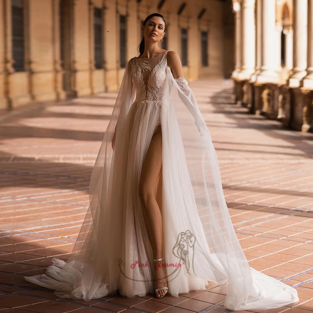 

Champagne Spaghetti Strap Sexy Side Slit Wedding Dresses with Beading 2023 Summer Sleeveless Soft Tulle Bridal Gowns Vestido De