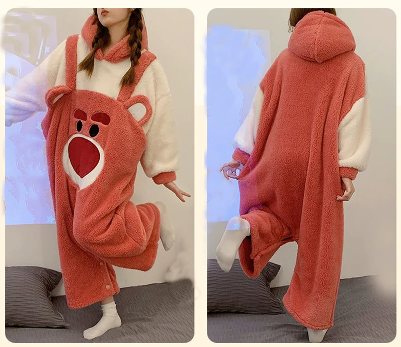 Winter Warm Pajamas Set Jumpsuits Women Coral Fleece Sleepwear Kigurumi Animal Bear Onesie Cartoon Thicken Plus Size Pyjamas
