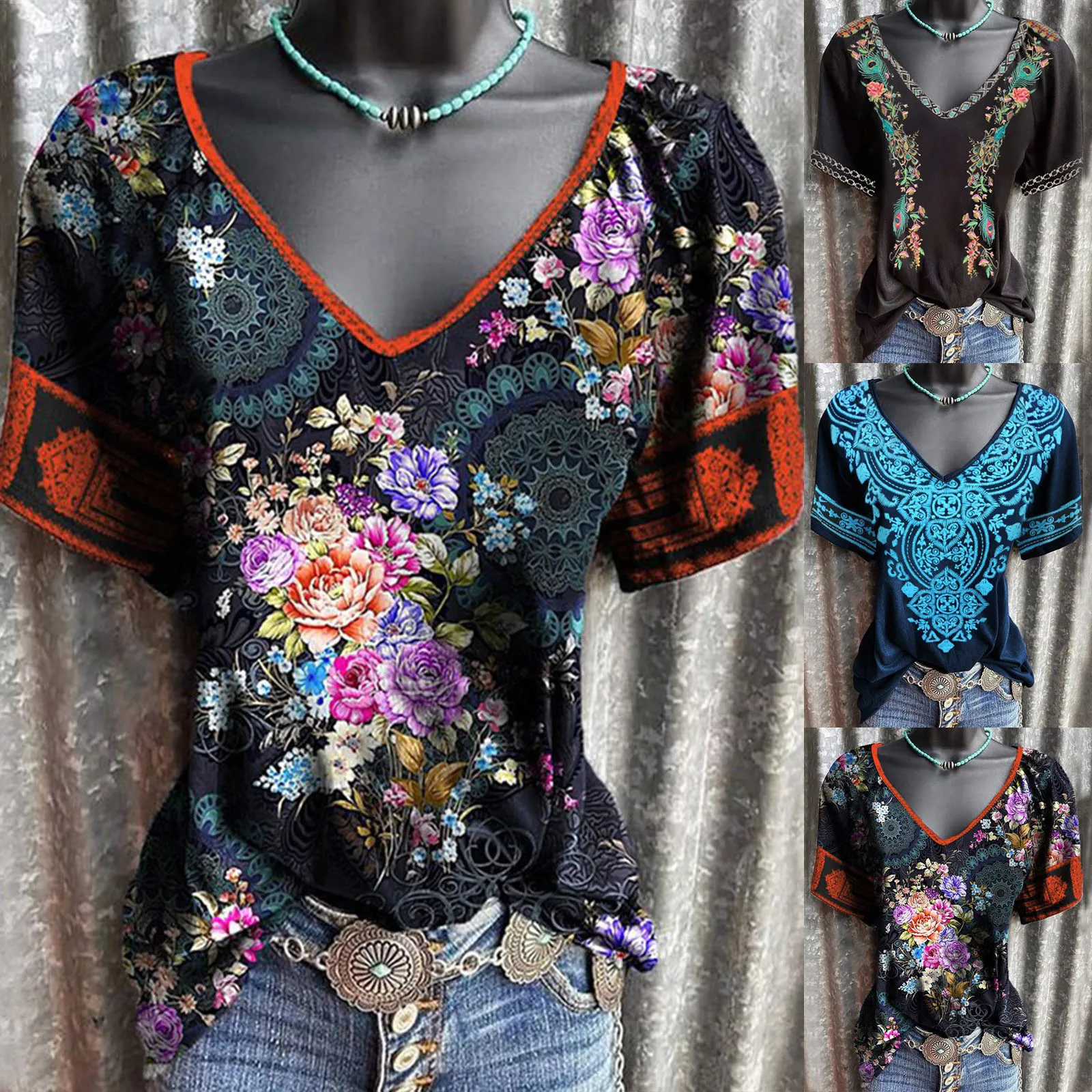 

Tops For Women Short Sleeve Summer Fashion Casual Trendy Printed Tee Shirt V Neck T Shirts Ladies Blouses Tech