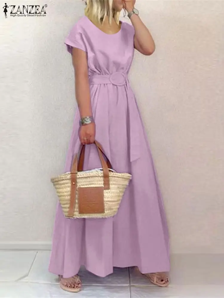 

2022 ZANZEA Women Summer Sundress Stylish Casual Holiday Vestidos Belted Robe Femme Short Sleeve Solid Beach Maxi Long Dress