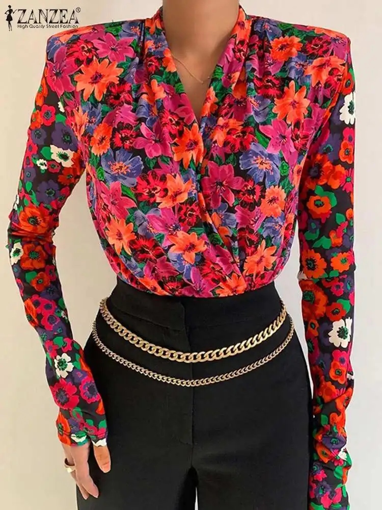 

Spring Long Sleeve V Neck Office Blouse ZANZEA Vintage Women Floral Printed Tops Casual Elegant Lady Blusas Work Shirt Chemise