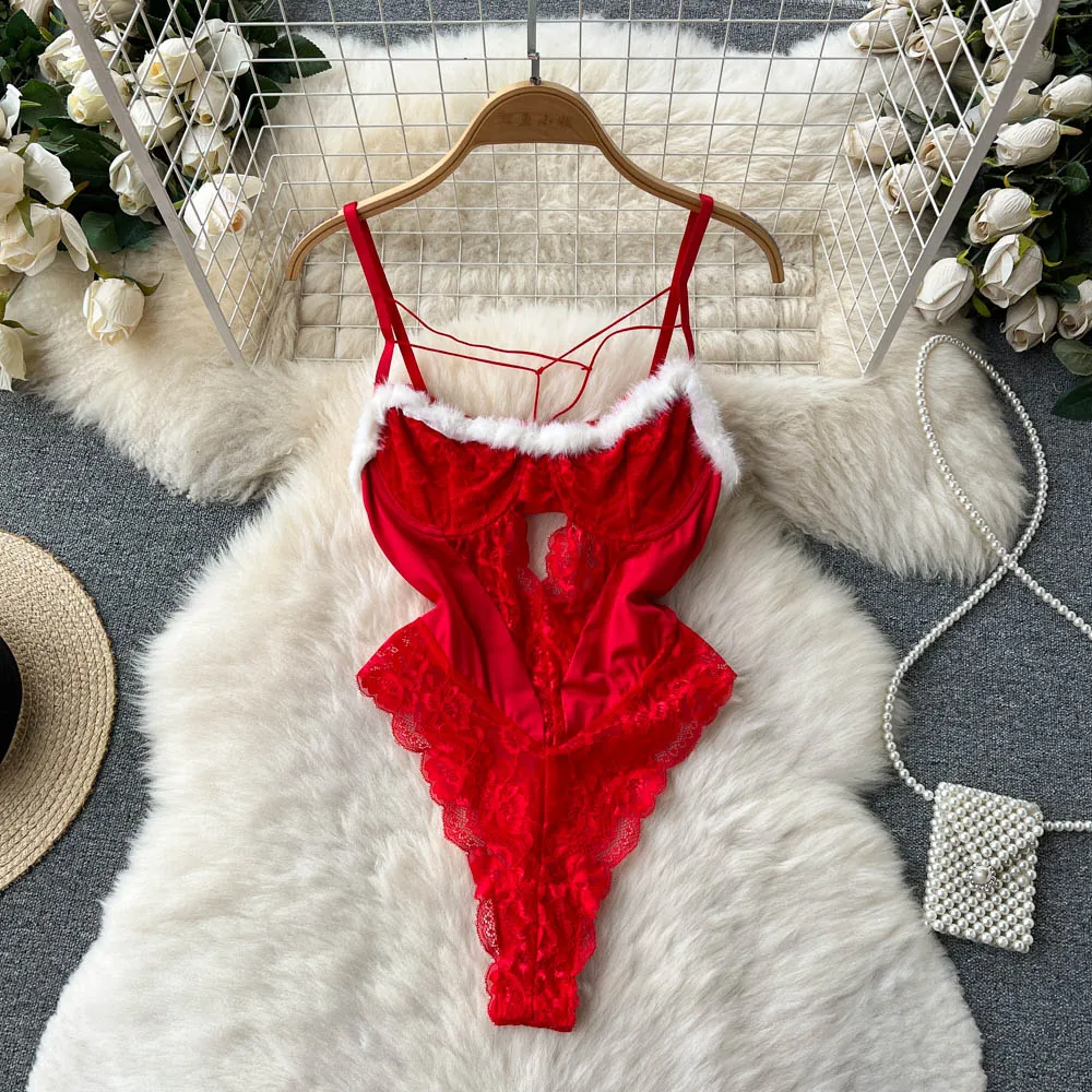 

Chic Hair Lace Hollow Out Red Jumpsuit Woman Backless Sexy Spaghetti Strap Romper Women Clothes New Sweet Bodysuit Dropshipping