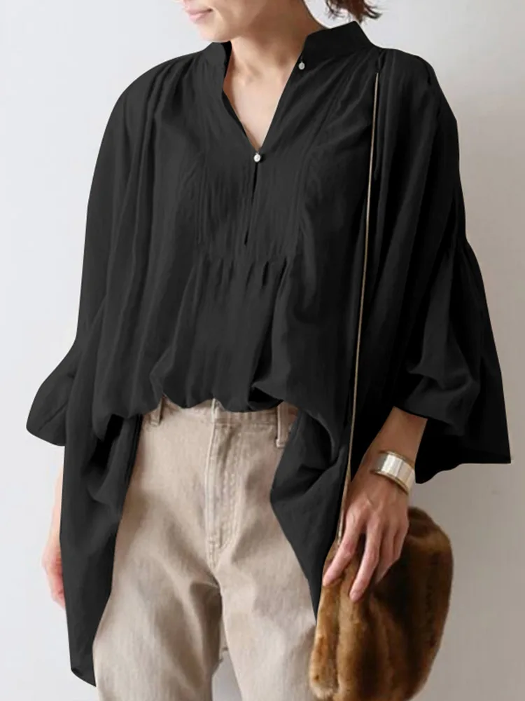 

Повседневная Женская блузка ZANZEA оверсайз, необычная плиссированная однотонная женская рубашка с V-образным вырезом, осенняя Элегантная блу...