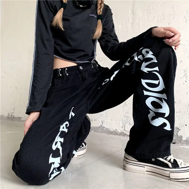 

Black High Waist Women Jeans Vintage Streetwear Letter Printing Baggy Straight Trouser Fashion Autumn Trend Wide Leg Denim Pants