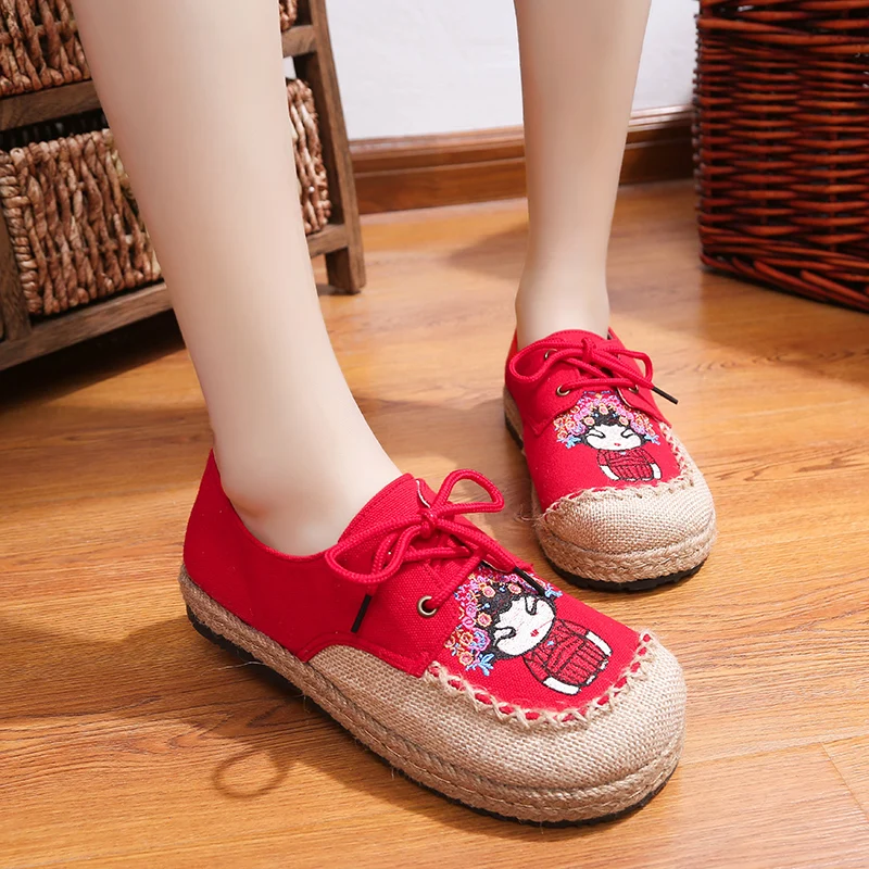 

Cartoon Embroidered Women Handmade Linen Cotton Flat Platform Shoes Ladies Lace Up Leisure Low Top Espadrilles Sneakers Shoes