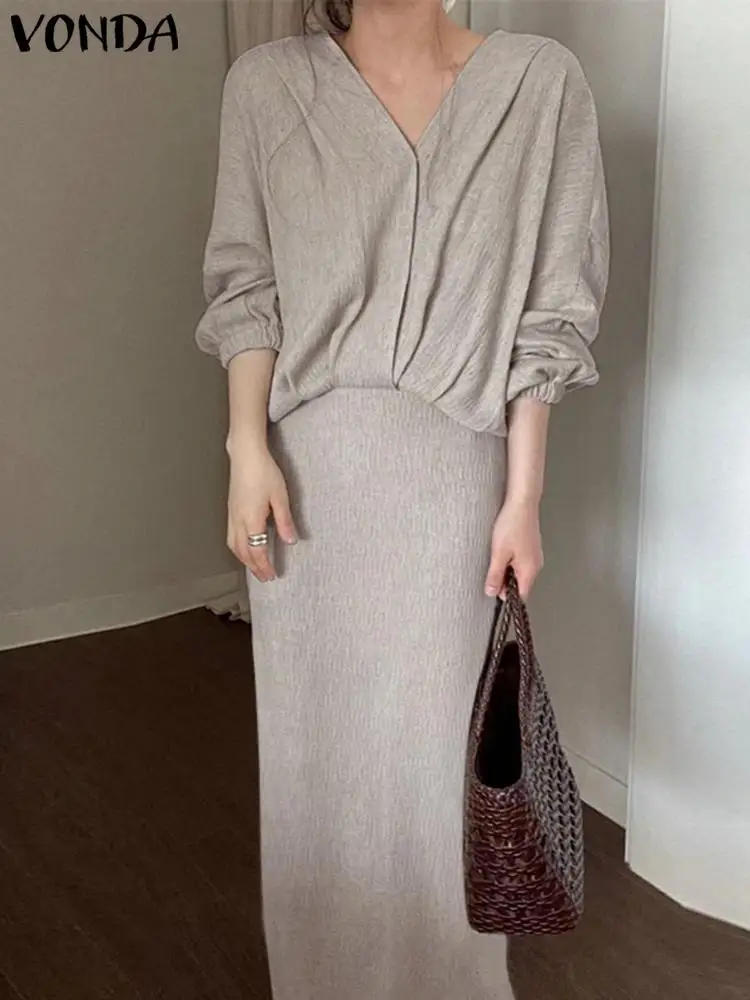 

Fashion Dress 2022 VONDA Women Sexy V Neck Solid Color Dresses Office Sundress Long Sleeve Pleated Casual Tunic Vestido Oversize