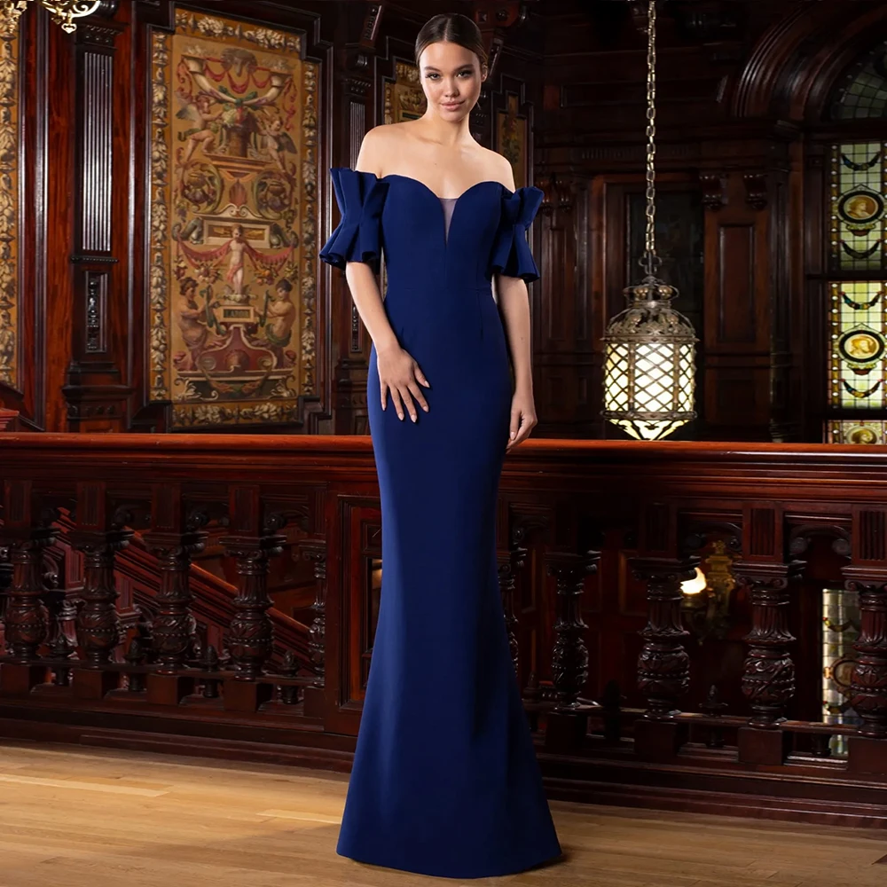Элегантные темно-синие платья для матери невесты с открытыми плечами и рукавом