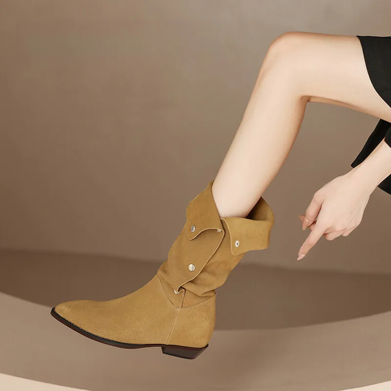 Женские Винтажные ботинки с воланом зимние до середины икры на массивном каблуке