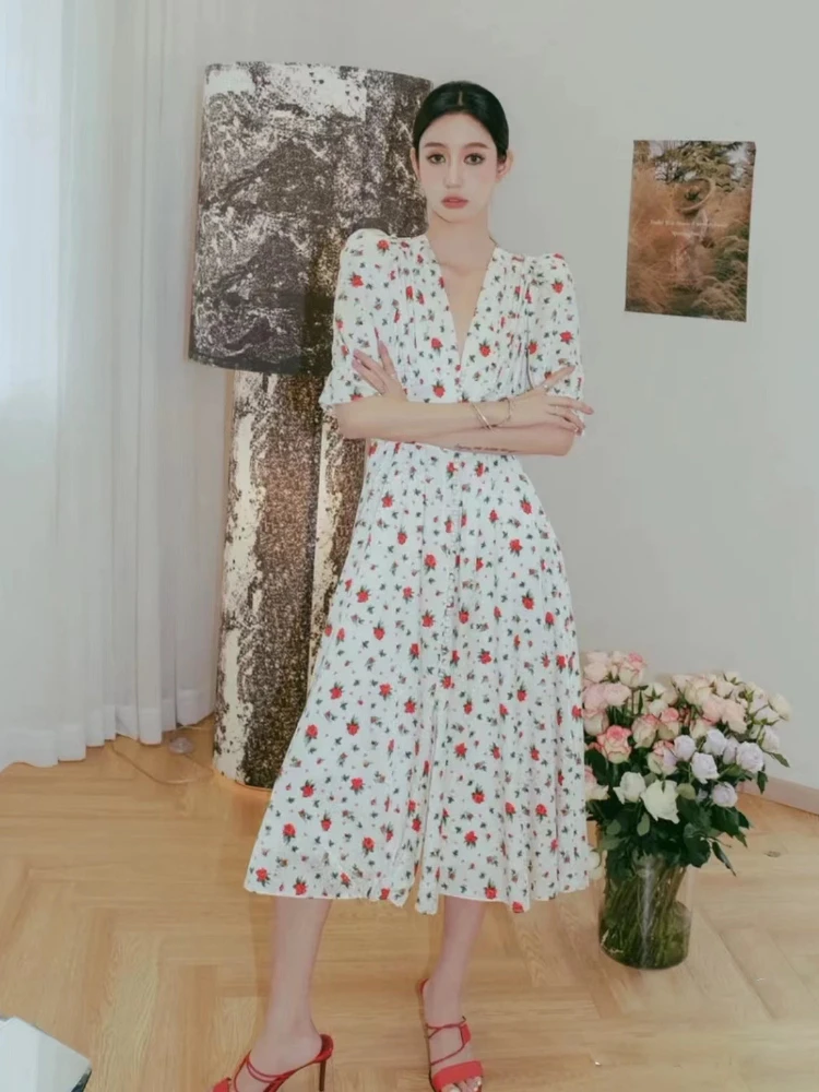 

Women Dress Summer 2022 New 100% Polyester V-neck Puff Sleeve Half Sleeve Rose Print Women Casual Mid Length Dress