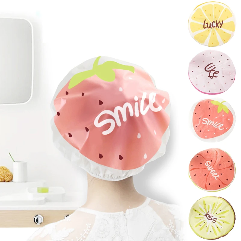 

Waterproof Fruit Bathing Cap Elastic Shower Hat Reusable Bath Head Hair Cover For Women Shower Bath Supplies