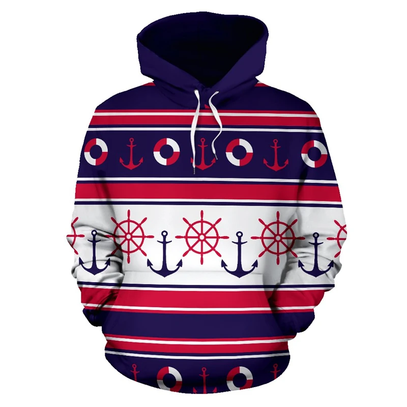 Surfing Skateboard Print Hoodie Men's Clothing Vintage Anchor Pattern Pullover Sweatshirt Sports Casual Street Oversized Hoodies