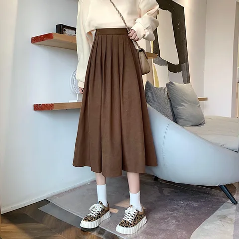 Sigutan Fashion High Waist Pleated Skirt Women Korean Elegant College Style Midi Skirt Ladies Autumn Winter Thick A-line Skirts